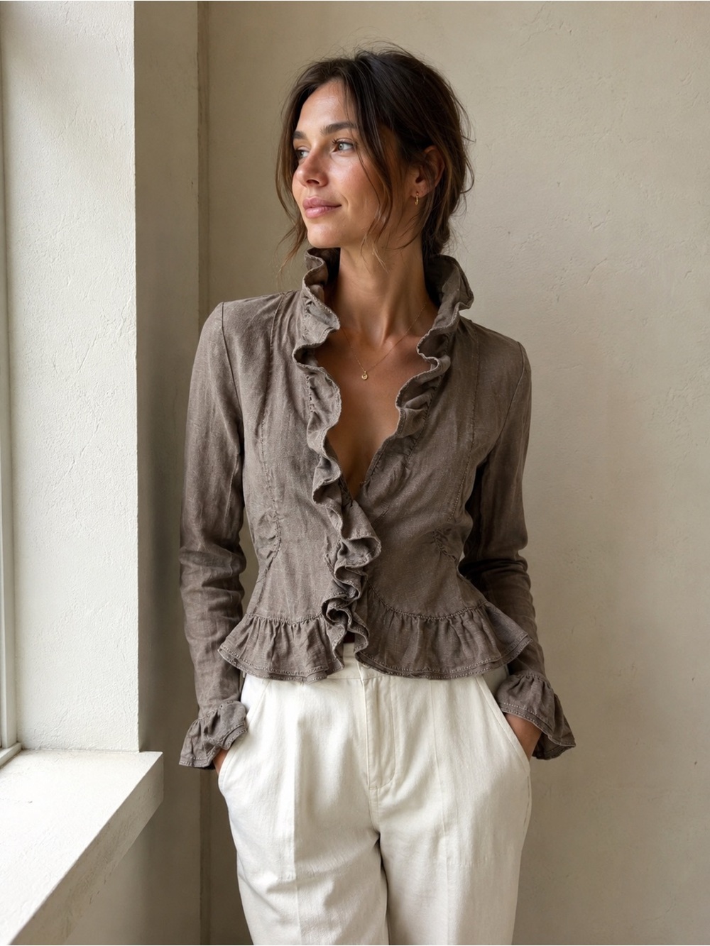 Ruffled Linen Button Front Top in Taupe-Size 2